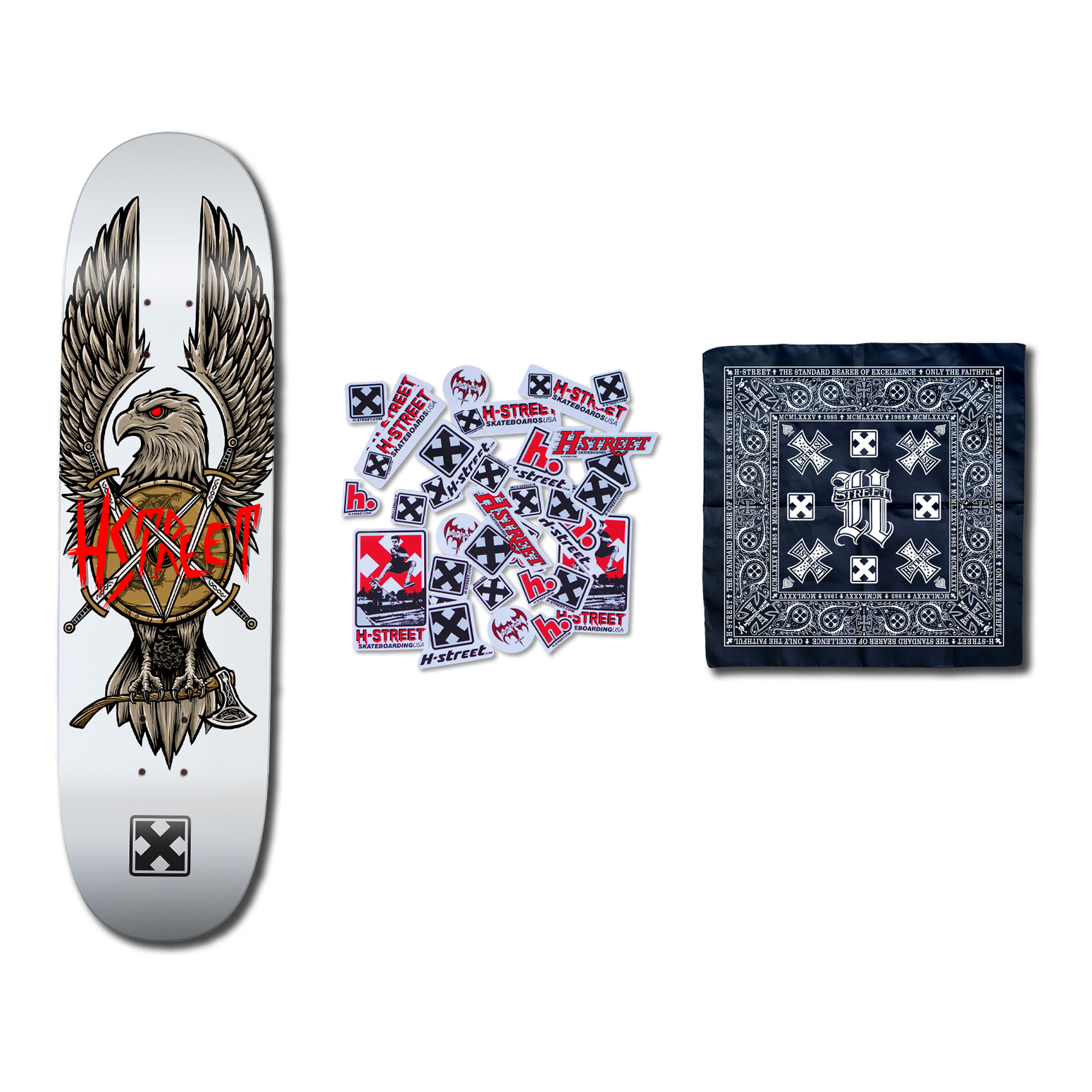 White Skateboard deck bottom with an eagle and stylized H-Street along with various H-Street stickers, and an H-Street themed bandana on a white background
