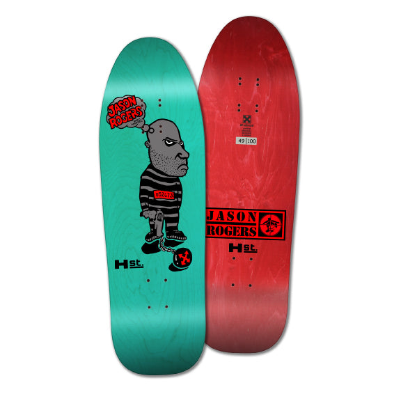 A skateboard deck, the bottom has a features a black and white character illustration with a thought bubble that says 'Jason Rogers' and a red top featuring the text 'JASON ROGERS' and the brand 'H-St'.