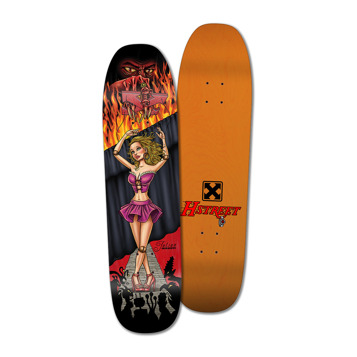 A skateboard deck with an illustration of a dancing puppet woman in front of a crowd with a puppeteer hiding in flames on the bottom and an 'H-Street' logo on the orange top.