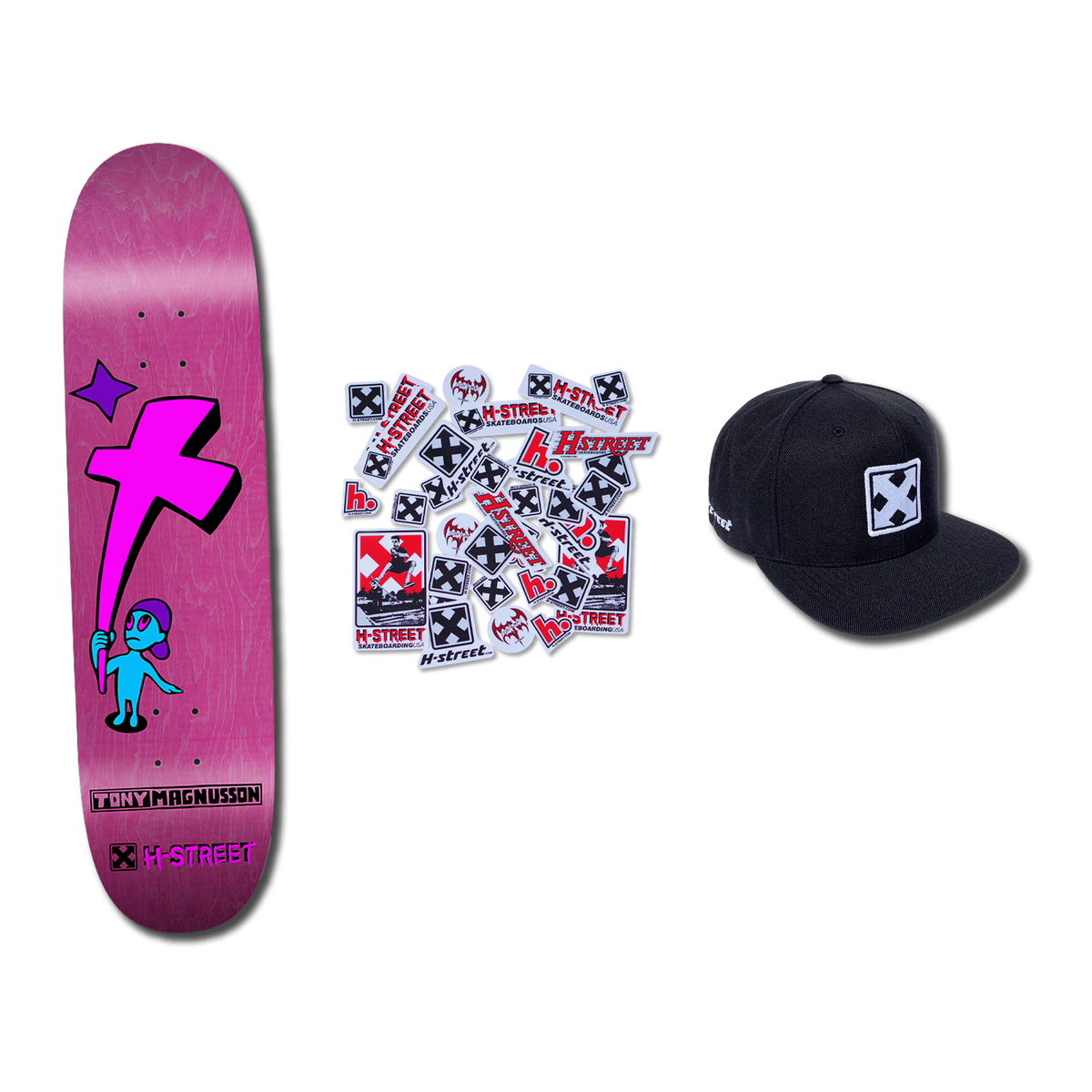 A pink bottom of a skateboard deck with an illustration of a character holding a cross with the words 'Tony Magnusson). Next to that is a variety of H-Street branded stickers and an H-Street branded black hat.