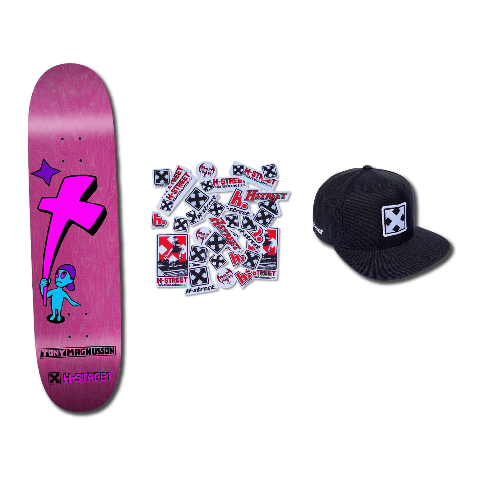 A pink bottom of a skateboard deck with an illustration of a character holding a cross with the words 'Tony Magnusson). Next to that is a variety of H-Street branded stickers and an H-Street branded black hat.