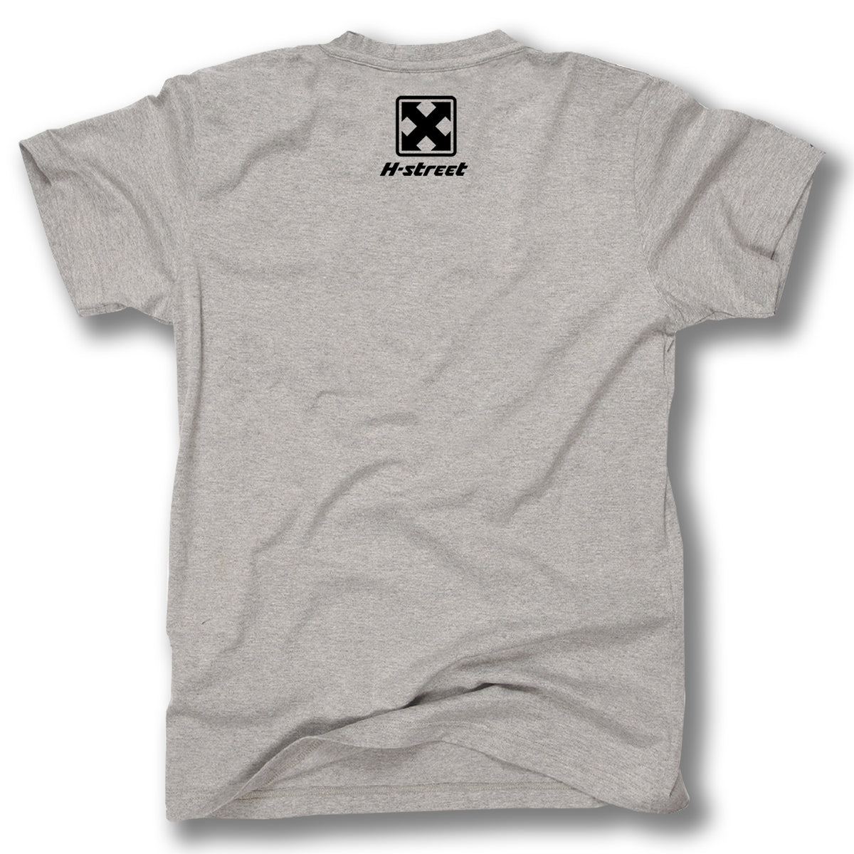 The Minuteman KIRK & THE JERKS LOGO TEE is a light gray T-shirt with a small black X logo and "H-street" printed near the upper back, inspired by the iconic garage rock band Kirk & The Jerks.