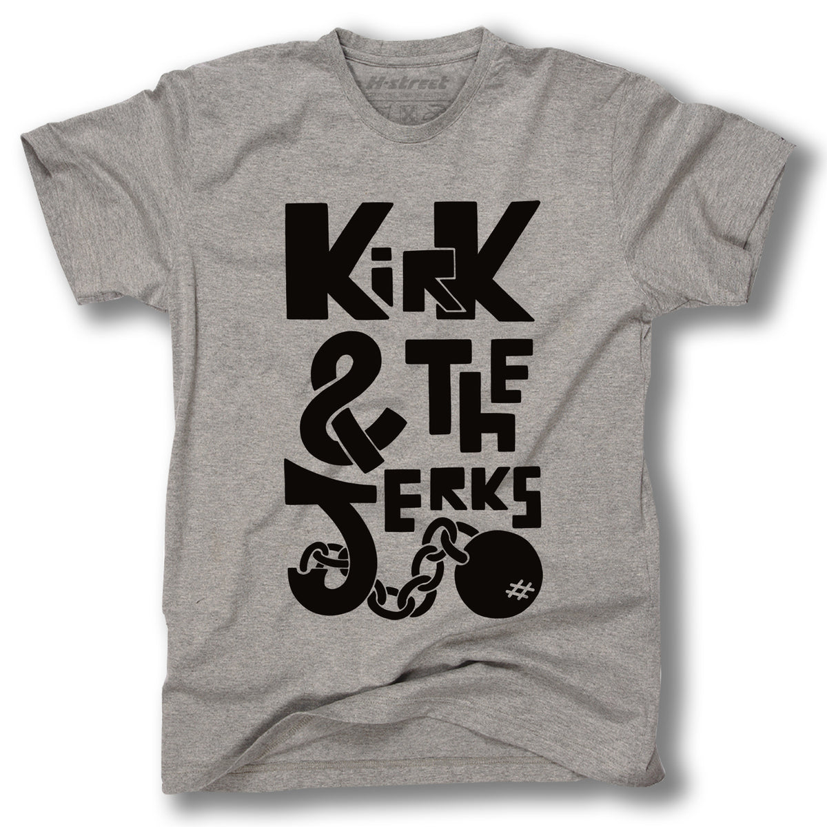 The Minuteman KIRK & THE JERKS LOGO TEE is a gray T-shirt for garage rock fans, featuring bold black Kirk & The Jerks text in a stylized font and a broken ball and chain illustration below.