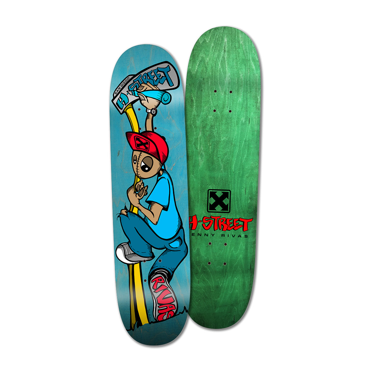 A skateboard deck with an illustration of a cartoon character on the bottom and a green background with a read 'H-Street' on the top.