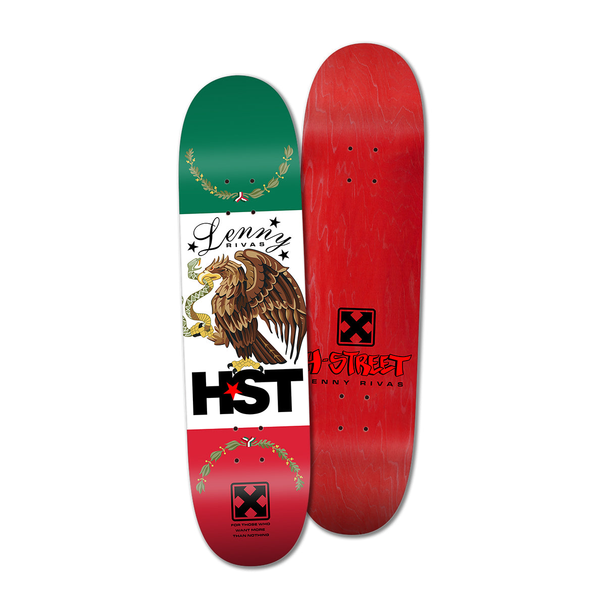 Skateboard deck based on the Mexican flag with the letters 'HST' on the bottom and the H-Street logo on the top with a red background.