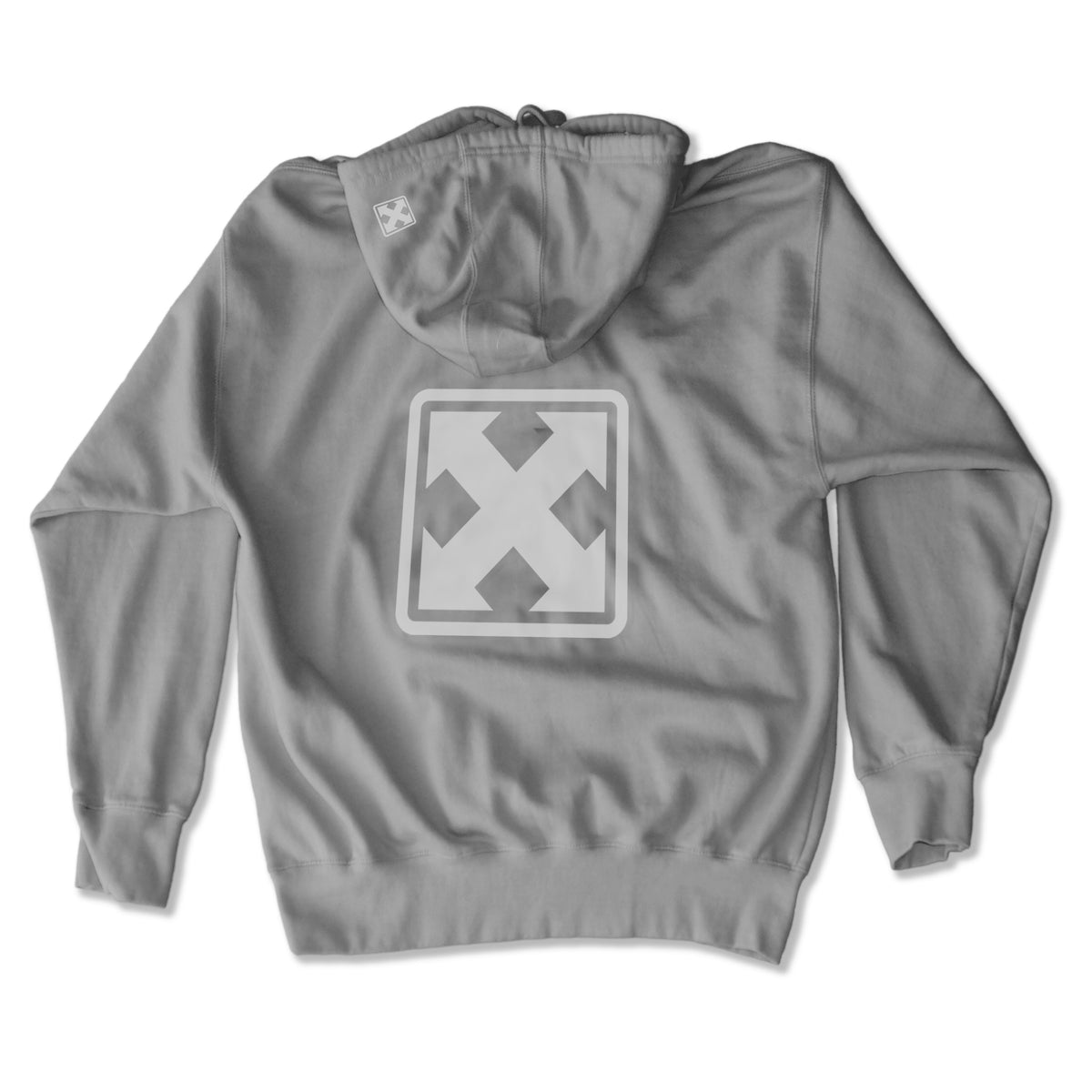 The OG MARK LOGO Pullover Hoodie by MH Printing is a gray, heavy-duty fleece hoodie shown flat from the back, with a large square X logo and a matching smaller logo on the hood—offering standout style and comfort.