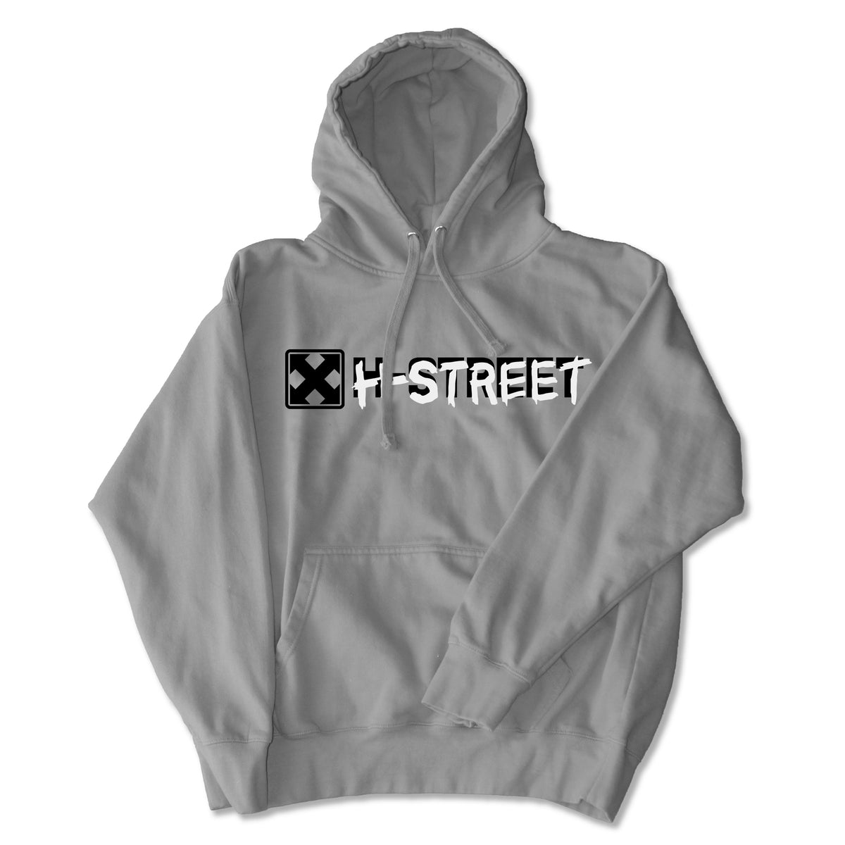 The OG MARK LOGO Pullover Hoodie by MH Printing is a heavy duty light gray fleece featuring bold white H-STREET lettering across the chest and a black square logo with a white X to the left of the text.