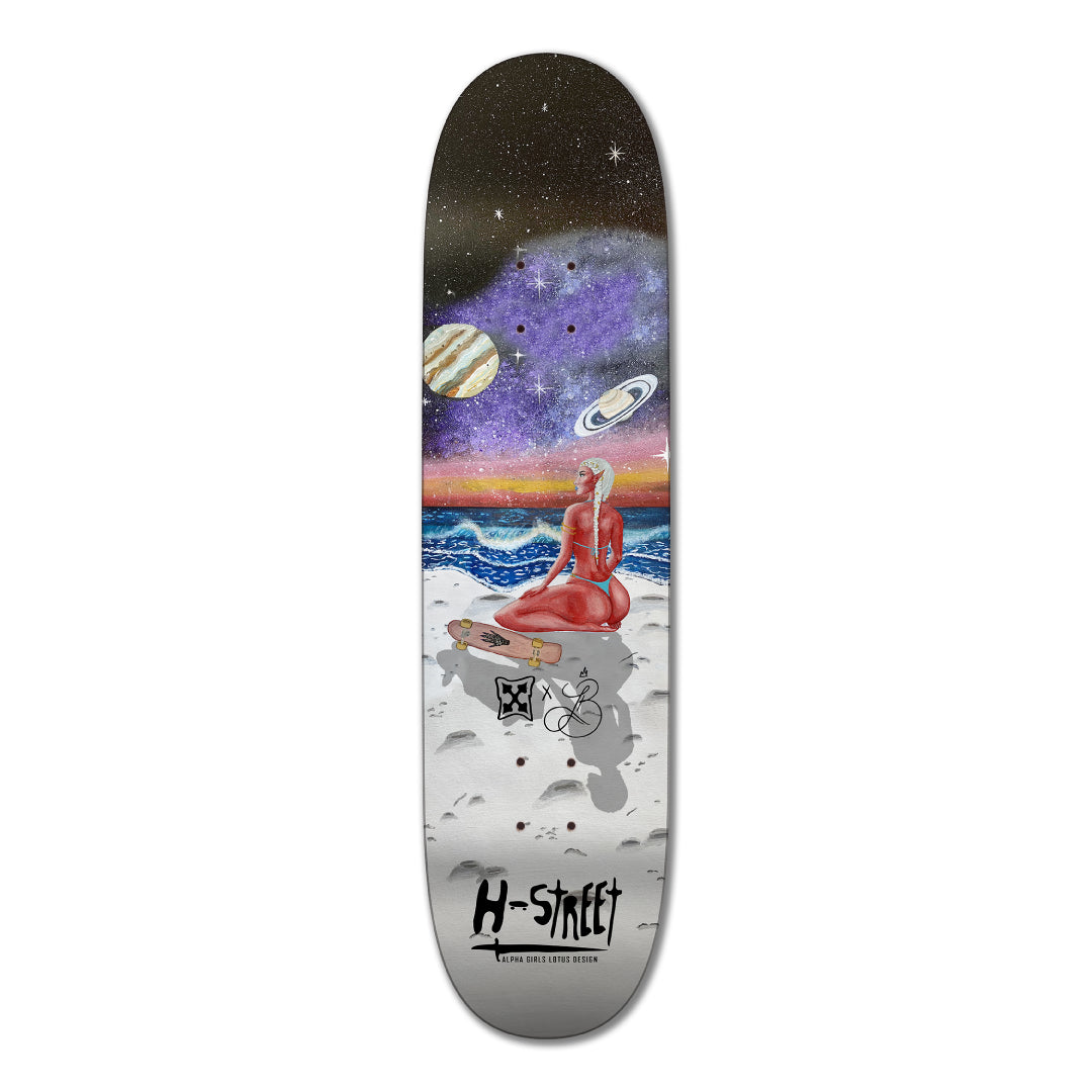 A graphic skateboard deck featuring a stylized illustration of a red, woman alien in a bikini in front of the ocean with cosmic elements, such as stars and planets, in the background.