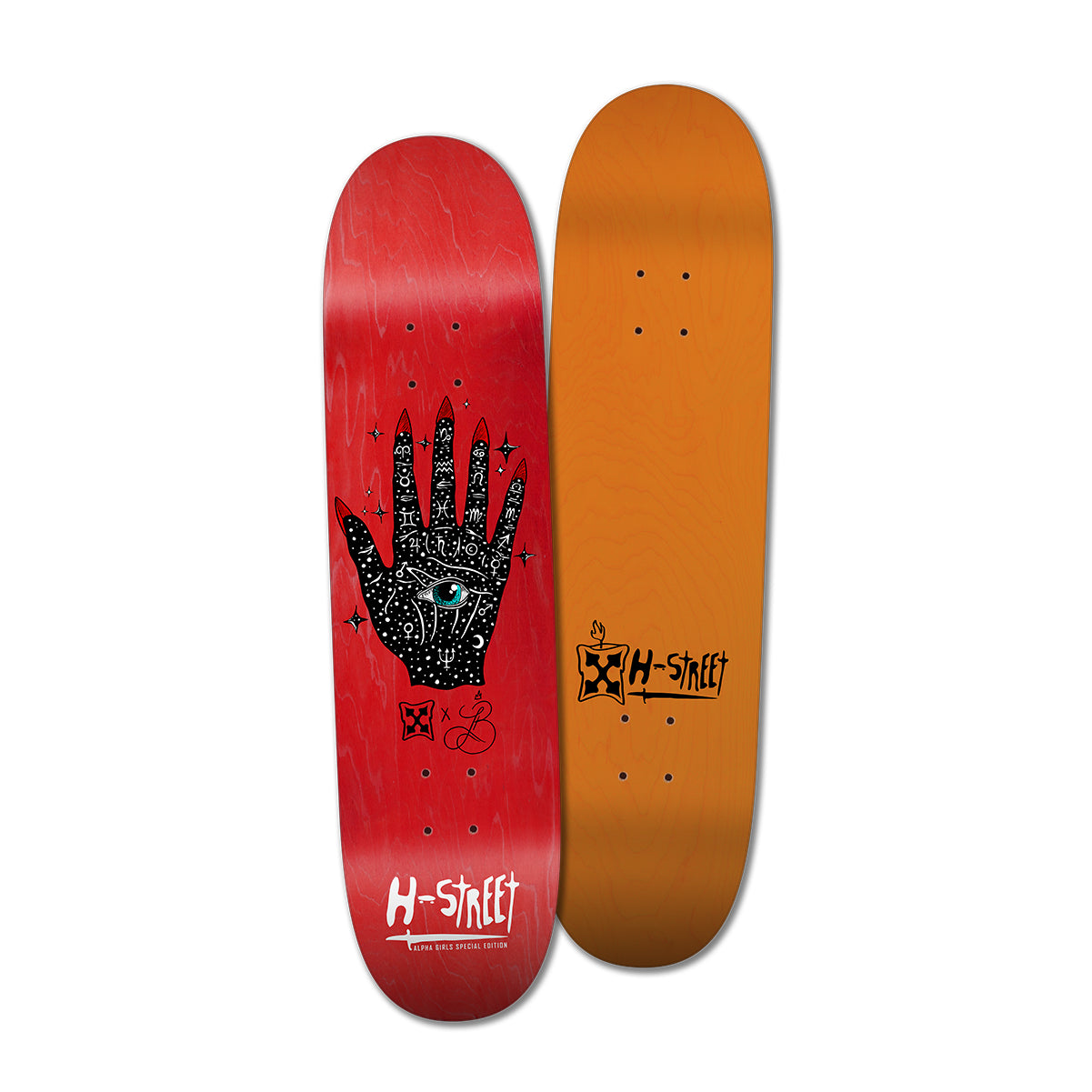 A skateboard deck with a red background featuring a black and white lotus palm of destiny on the bottom and the H-Street logo on the orange top.