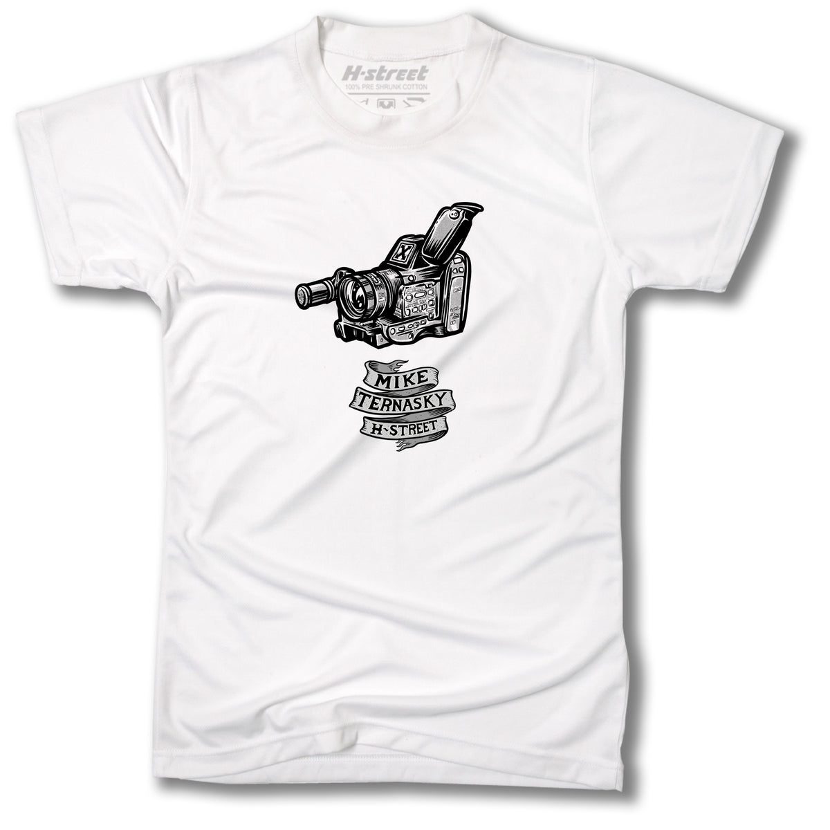 The MIKE TERNASKY HALL OF FAME TEE by MH Printing features a black sketch of a vintage video camera above a Mike Ternasky H-Street ribbon, honoring the iconic crew in the Skateboarding Hall of Fame. Displayed flat on a plain background.
