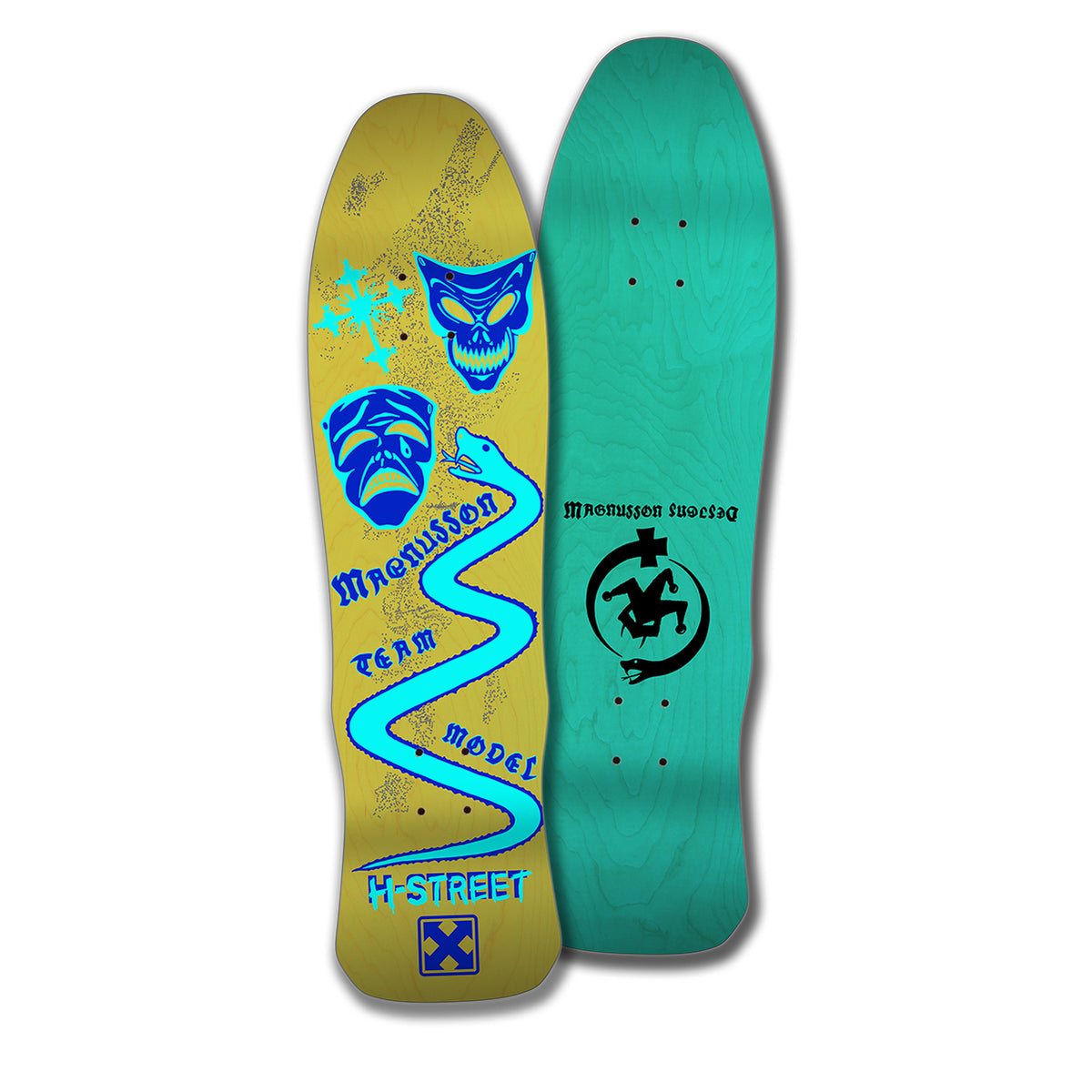A skateboard deck with a colorful graphic design featuring masks, serpents, and other symbols on a yellow background, and the name 'H-Street' along with the logo 'Magnusson Team Model'.