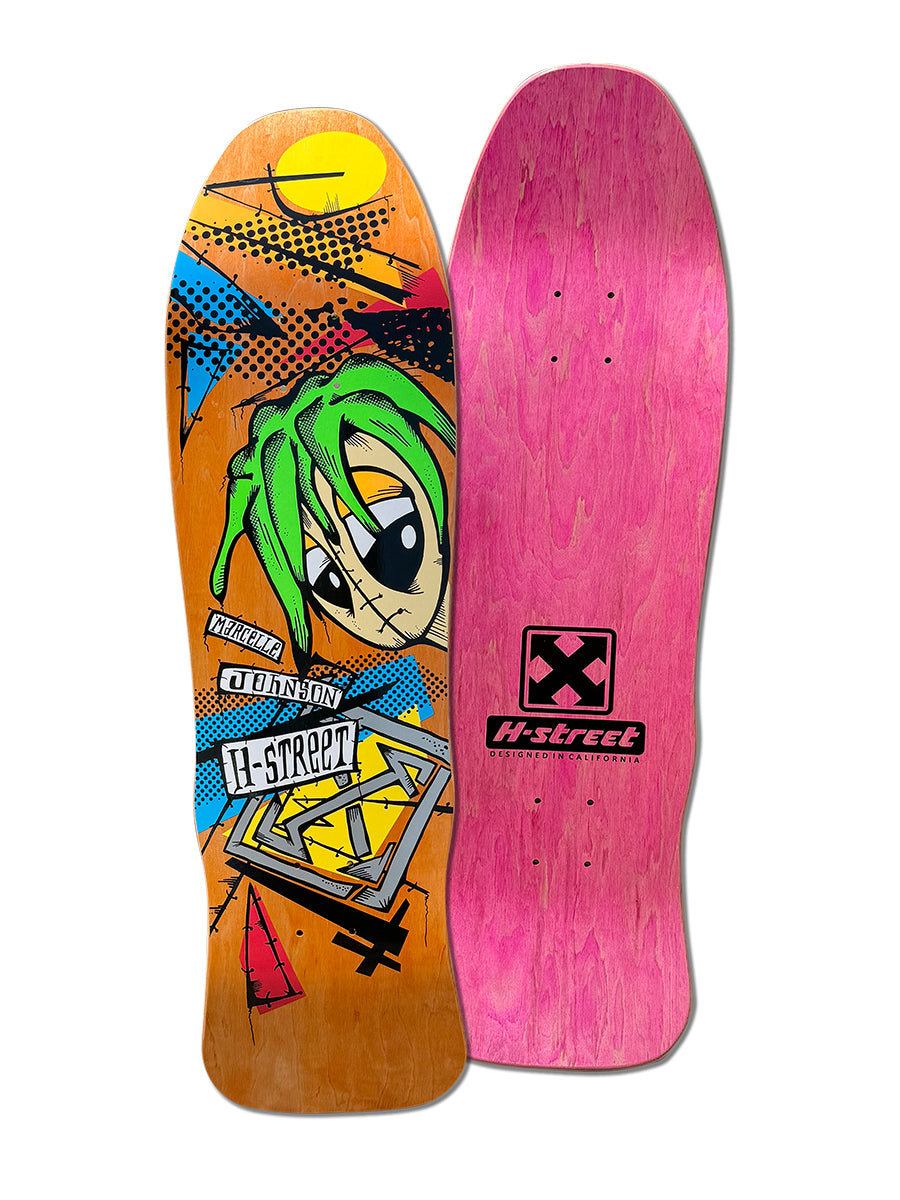 Two skateboard decks: a Woodchuck MARCELLE JOHNSON TRIBUTE GRAPHIC with graffiti-style cartoon face, yellow sun, and shapes; the other is solid pink with a black H-Street logo. Both feature retro shapes for street skaters.