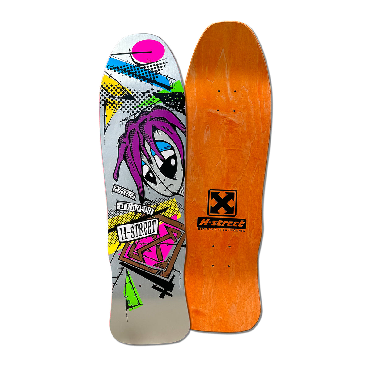 A graphic skateboard deck with a tribute to Marcelle Johnson, featuring colorful designs and the H-Street logo.