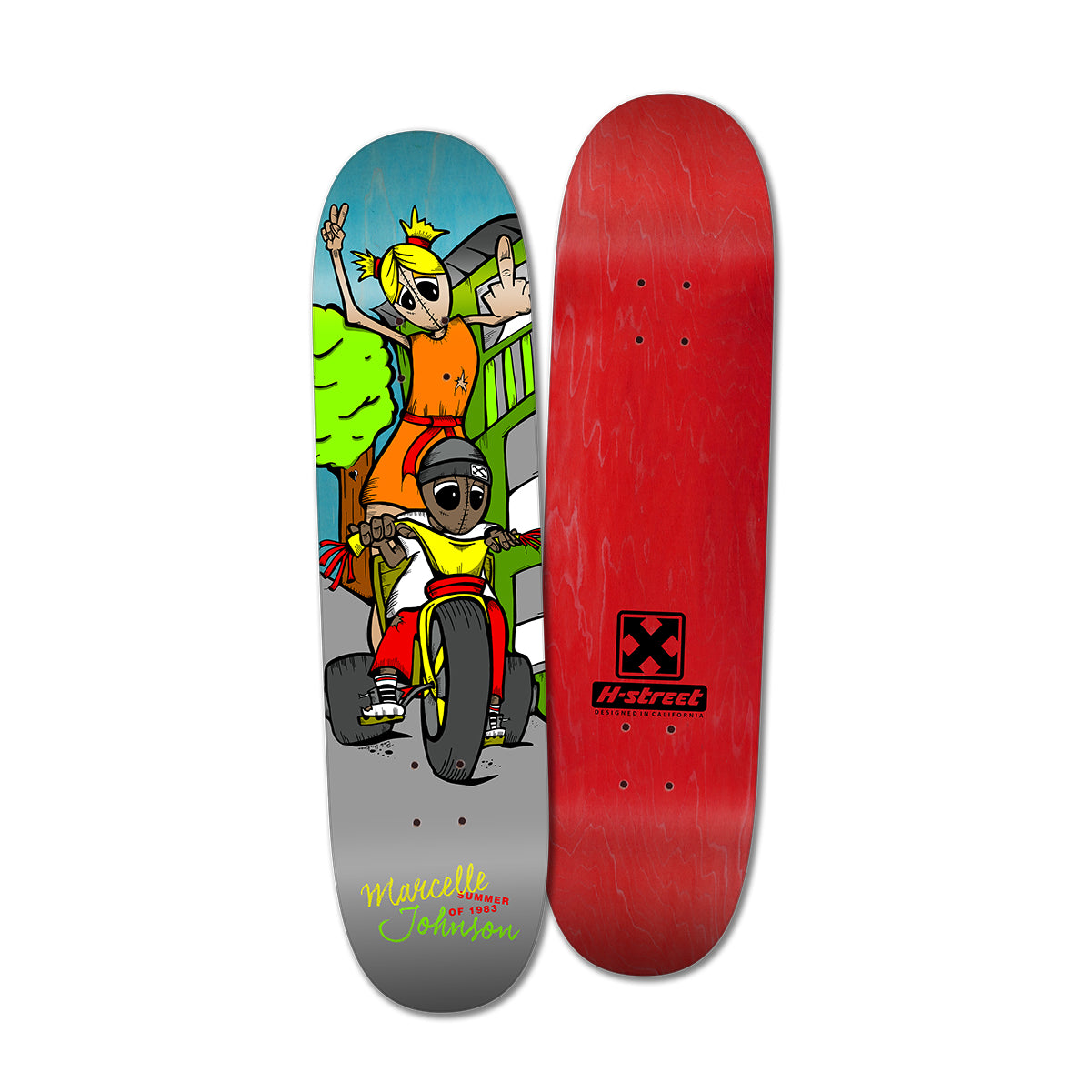 A skateboard deck with a colorful graphic illustration featuring a girl riding on the back of a big wheel behind the driver on the bottom. It reads 'Marcelle Johnson'. The top side is red with the H-Street logo.