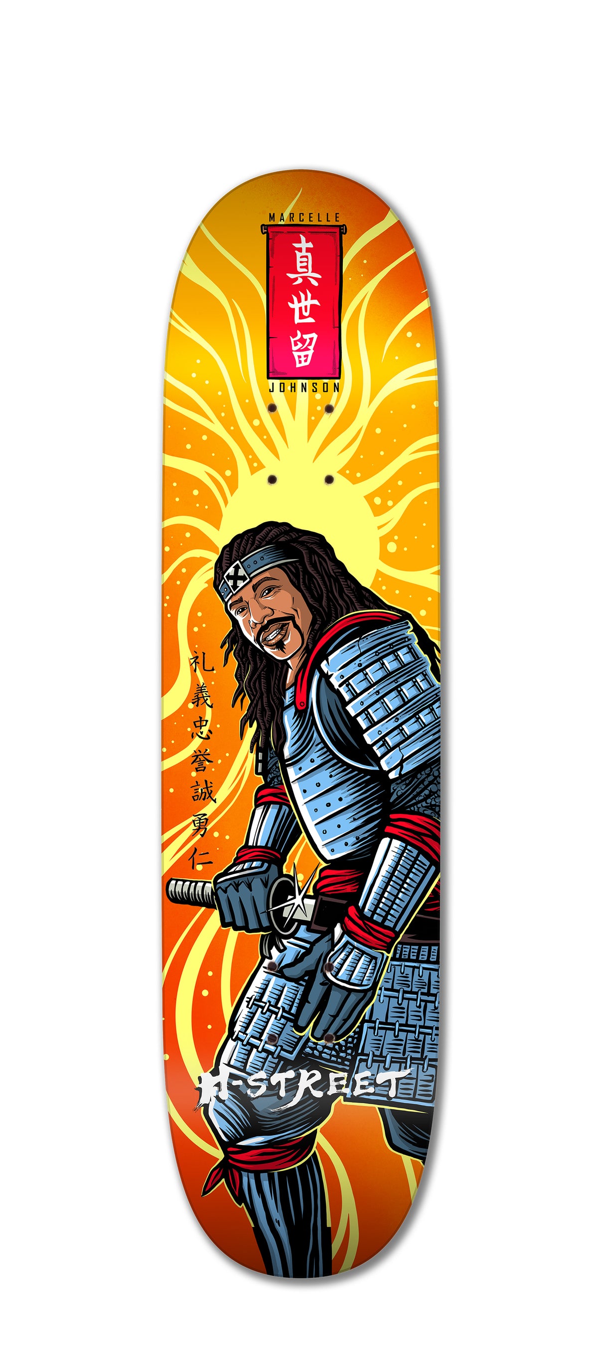 The Woodchuck MARCELLE JOHNSON YASUKE SAMURAI deck features an illustrated man in blue samurai armor with katana, smiling on an orange background with yellow rays, Japanese characters, and a red label—inspired by Yasuke.
