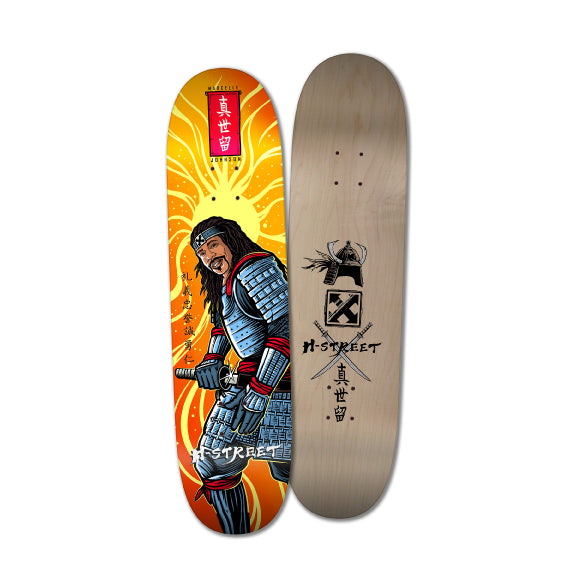 Skateboard deck with an illustration of African warrior Yasuke on the bottom side and brand logo with a samurai sword and helmet on the top side.