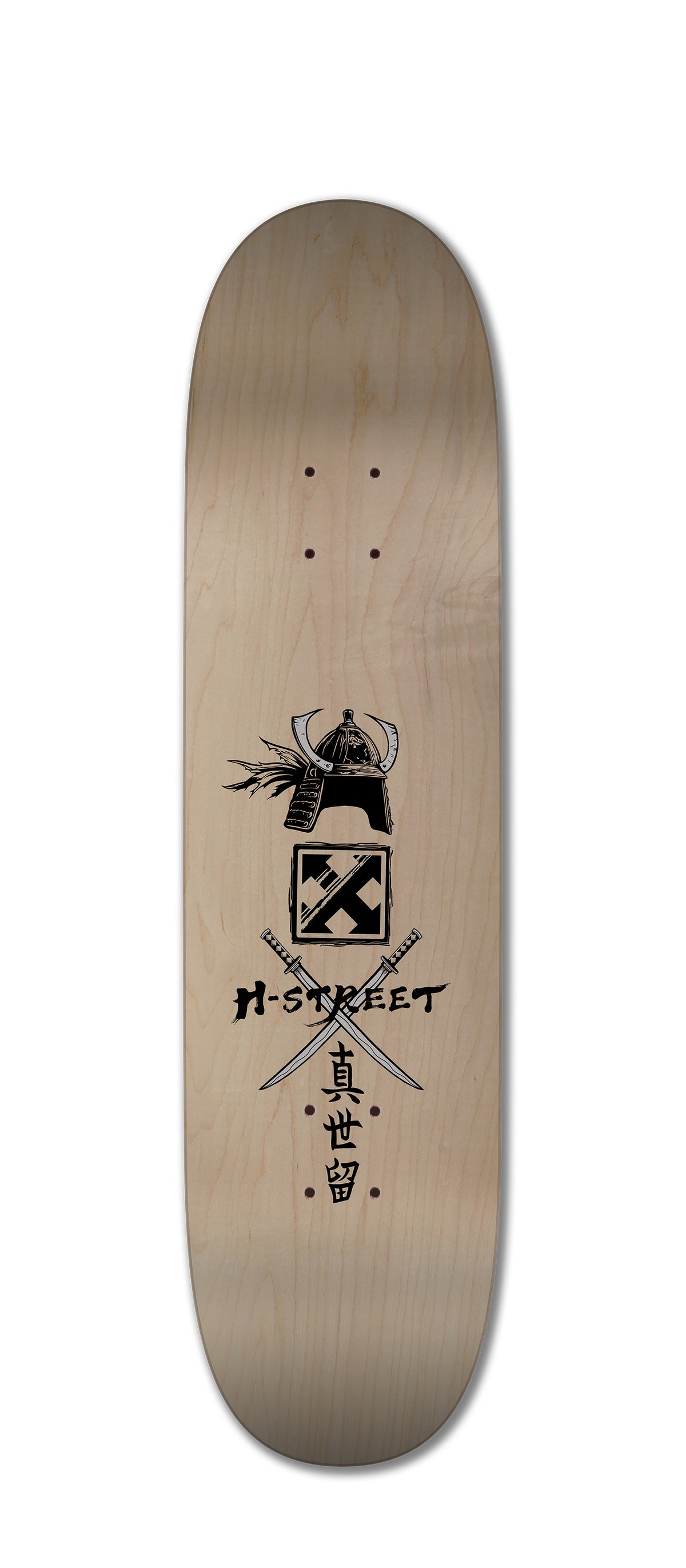 The Woodchuck MARCELLE JOHNSON YASUKE SAMURAI skateboard deck features a black samurai helmet above crossed swords, Japanese kanji, and H-Street text on natural wood—paying homage to Yasuke of the Sengoku period.