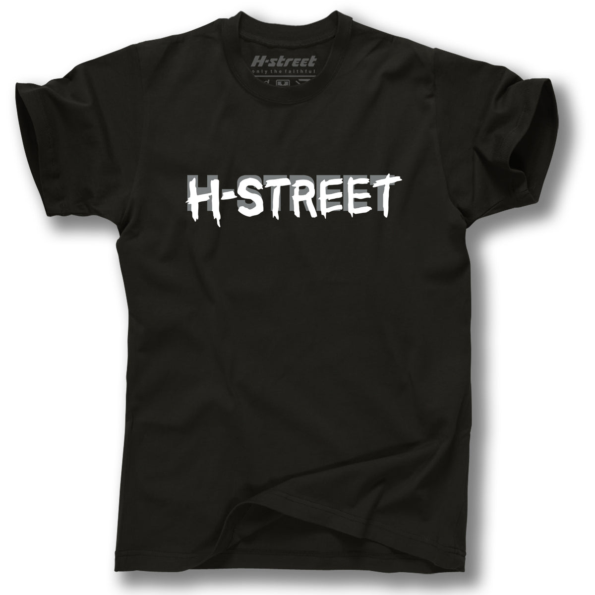 The MARK LOGO T-SHIRT by MH Printing is made in the USA and features H-STREET in bold, white, slightly distressed letters across the chest.