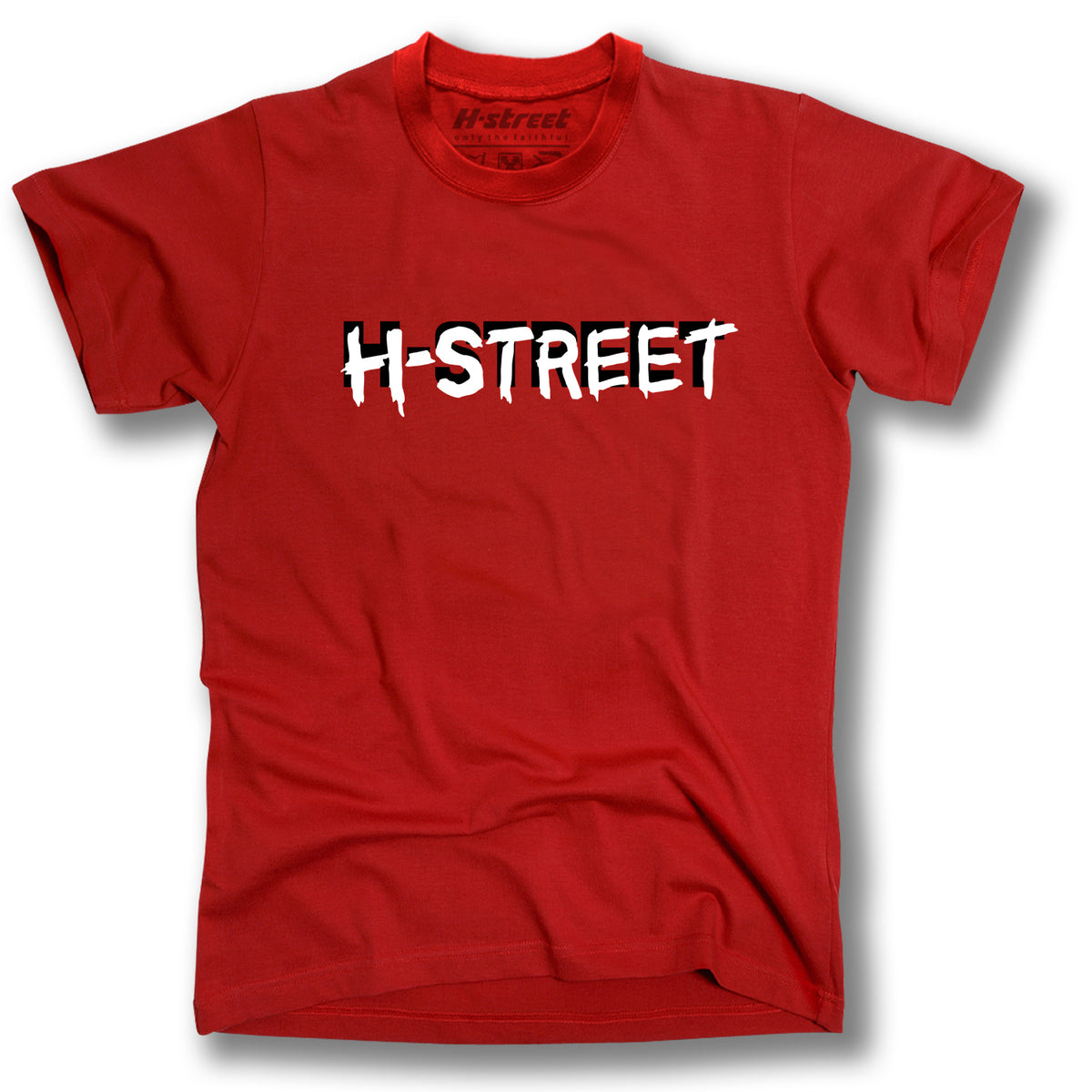 The MARK LOGO T-SHIRT by MH Printing features "H-STREET" in bold, white distressed letters on a red tee—perfect for skateboard art fans and proudly made in the USA.