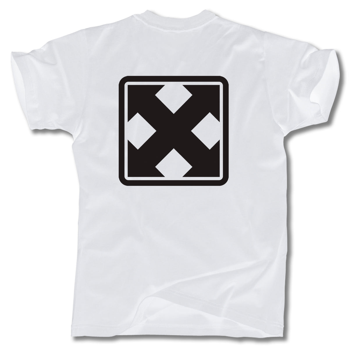 The MARK LOGO T-SHIRTS by MH Printing are classic white tees with skateboard-inspired art: a bold black square outline, a large X, and four white diamonds on the back. Made in the USA.