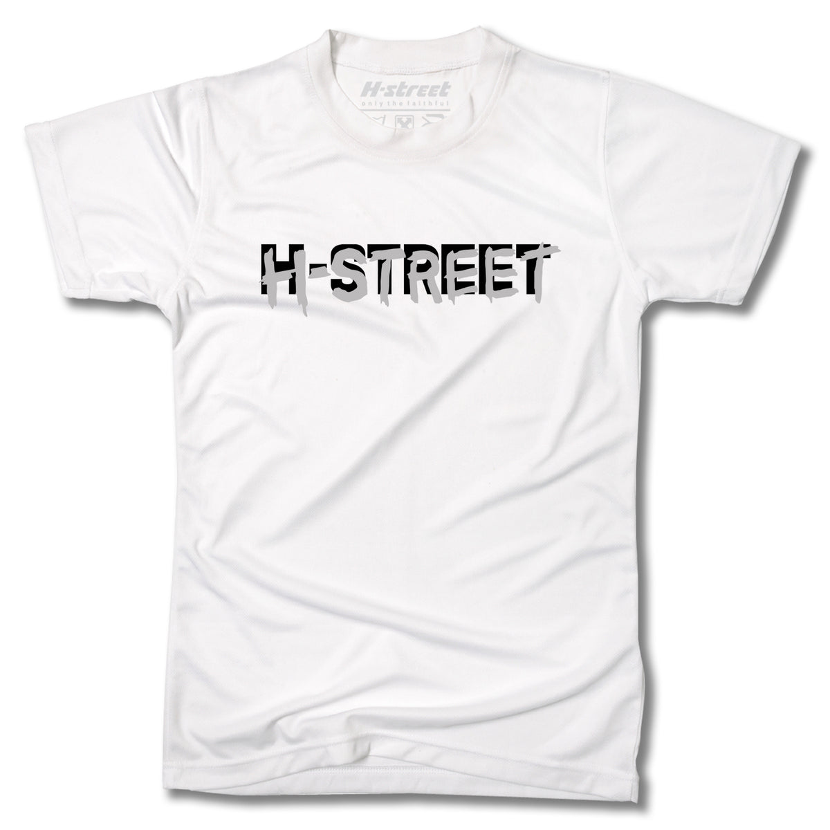 The MARK LOGO T-SHIRTS by MH Printing is a white tee with bold black and gray H-STREET text across the chest, short sleeves, round neckline, and iconic skateboard art. Made in the USA.