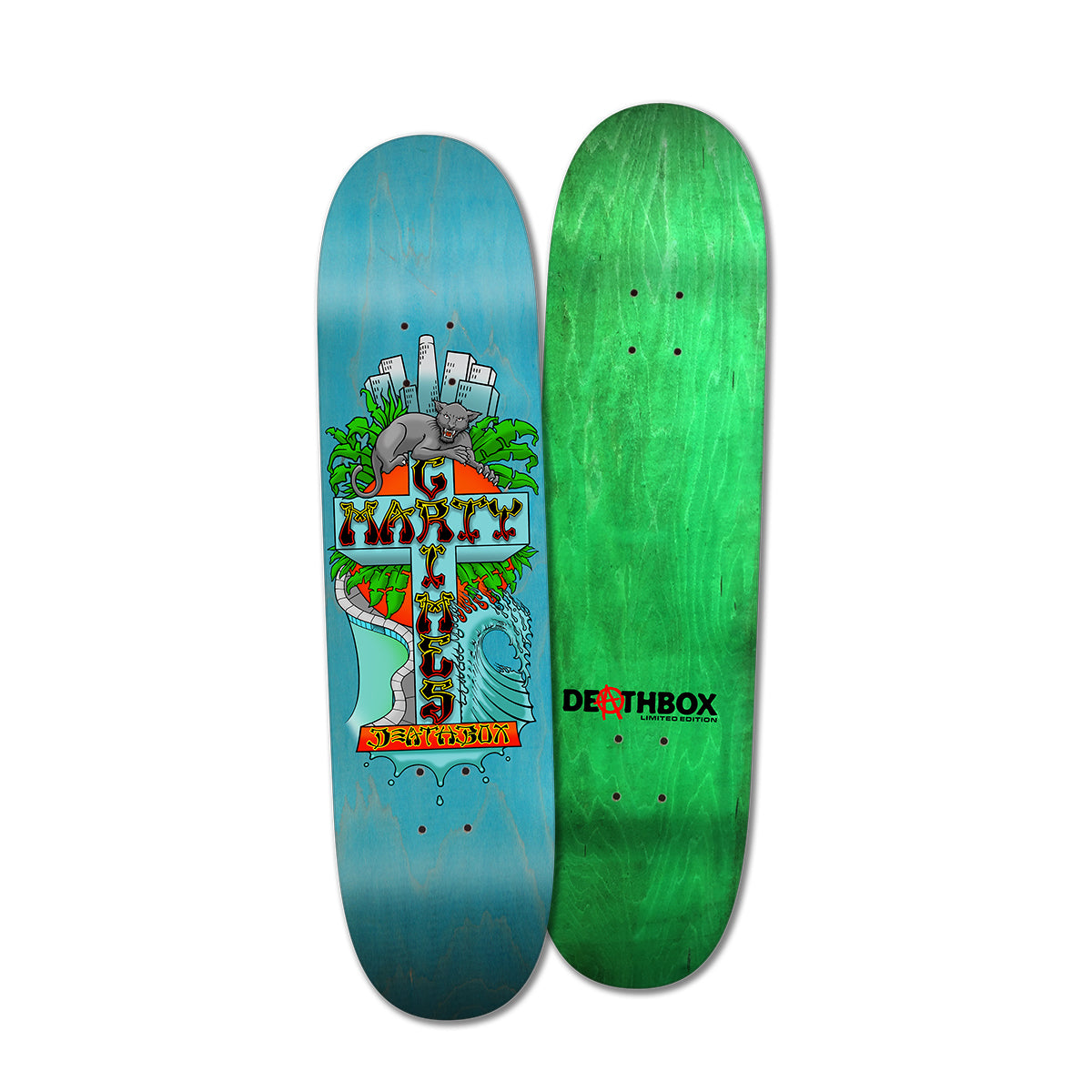 A skateboard deck with a multicolored design featuring an illustration of a cross reading 'MARTY GRIMES' and 'DEATHBOX' with a puma, city buildings, plants, and both a pool and ocean on a blue bottom. The top of the deck has a green base color with the Deathbox logo.