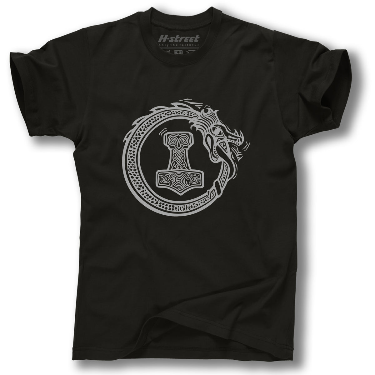 The MIDGARD VIKING LOGO TEE by MH Printing is a black shirt with a white Norse dragon circling Mjolnir, Thor’s hammer, detailed with intricate patterns—a bold Viking statement.