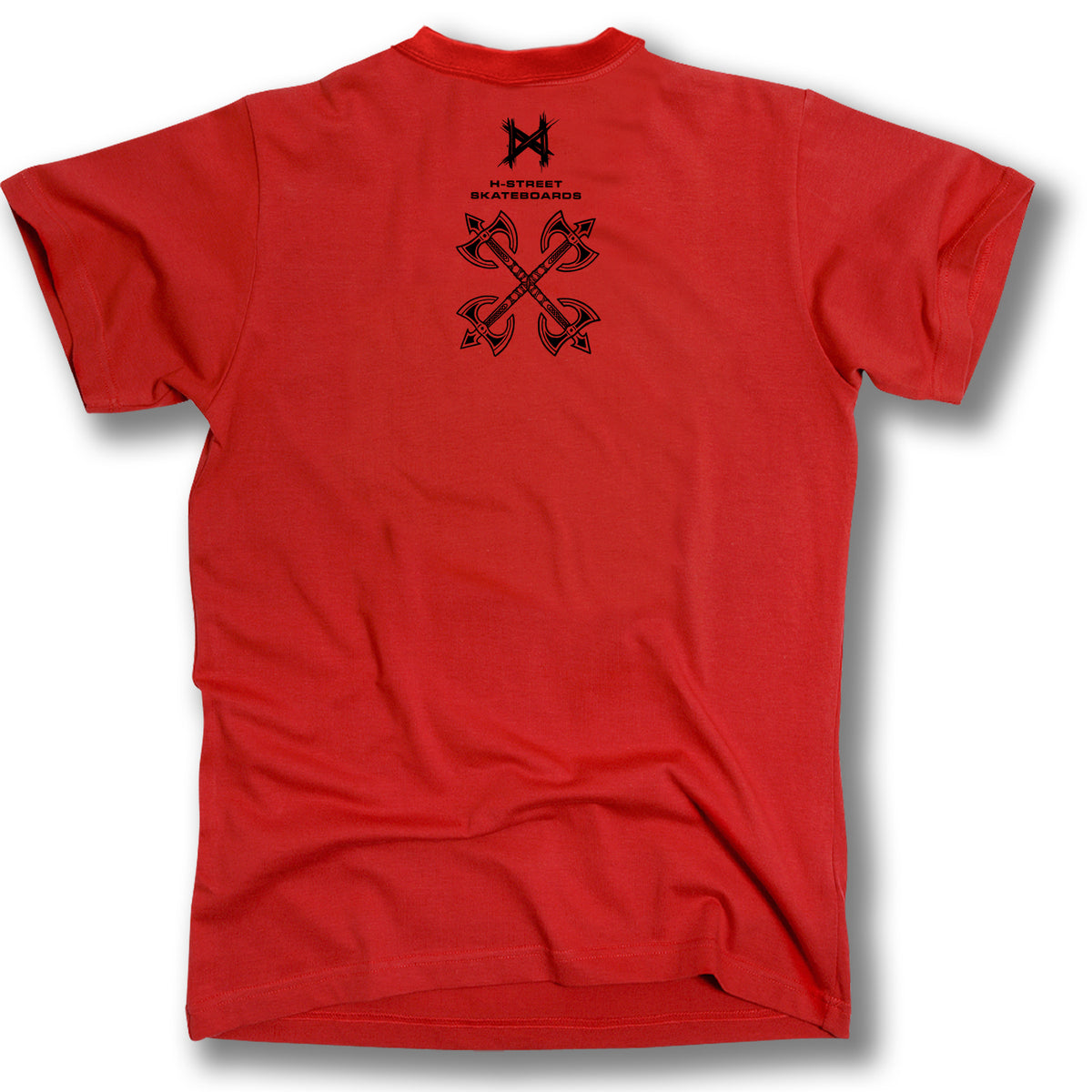 The MIDGARD VIKING LOGO TEE by MH Printing is a red t-shirt with black graphics on the back—four crossed axes and "H-STREET SKATEBOARDS" beneath a stylized H—offering a bold Viking-inspired look.
