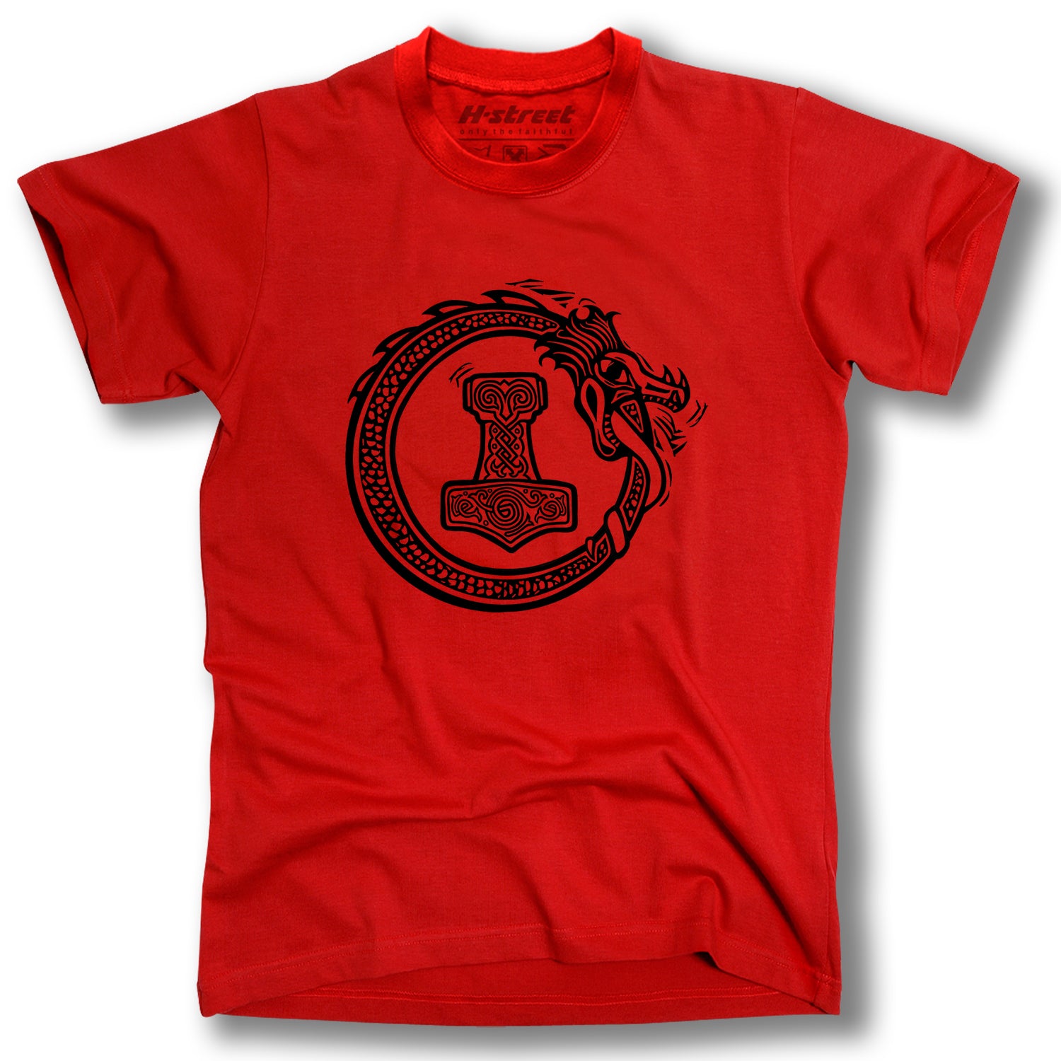 The MIDGARD VIKING LOGO TEE by MH Printing is a red shirt with a black Norse dragon circling Thor’s hammer (Mjolnir) in intricate designs.