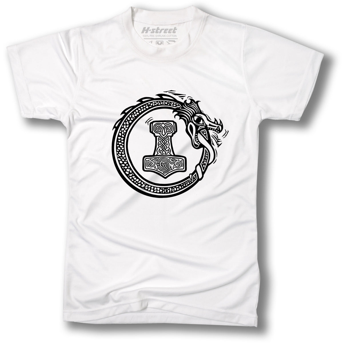 The MIDGARD VIKING LOGO TEE by MH Printing is a white t-shirt with a black line art dragon circling a stylized hammer—ideal for fans of bold Viking t-shirt designs.
