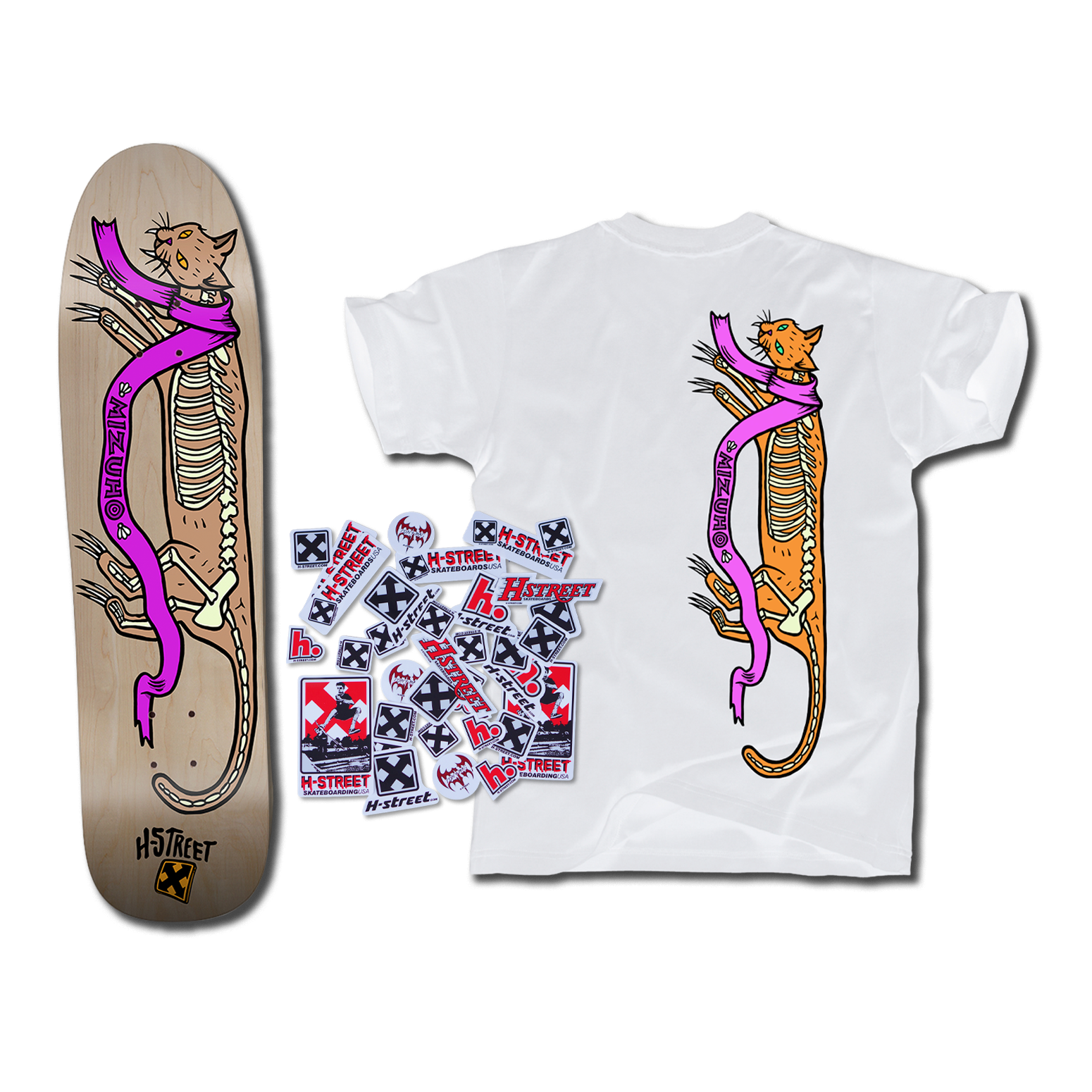 The bottom of a Mizuho Hidden Cat themed skateboard deck with an illustrated skeletal cat in a scarf the bottom and a wood grain top. There's also a white t-shirt back with the same illustration along with a package of H-Street stickers.
