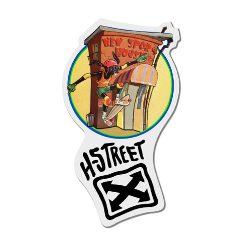 Decal with an 80's style design of a rabbit on a skateboard in front of a building called 'New Sport House' above the H-Street logo.