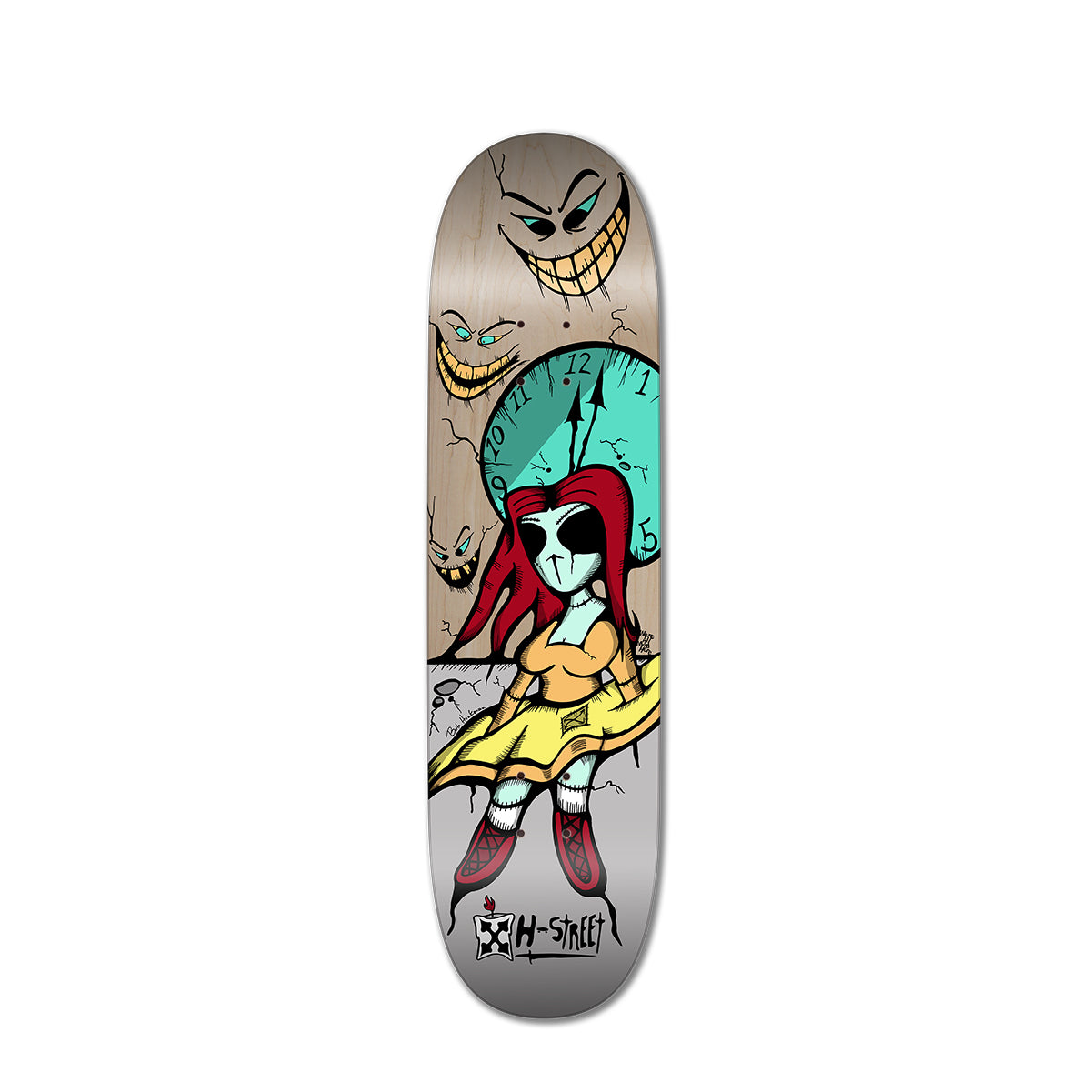Skateboard deck with a cartoon character with red hair, light blue skin, and an orange and yellow dress design on a white background