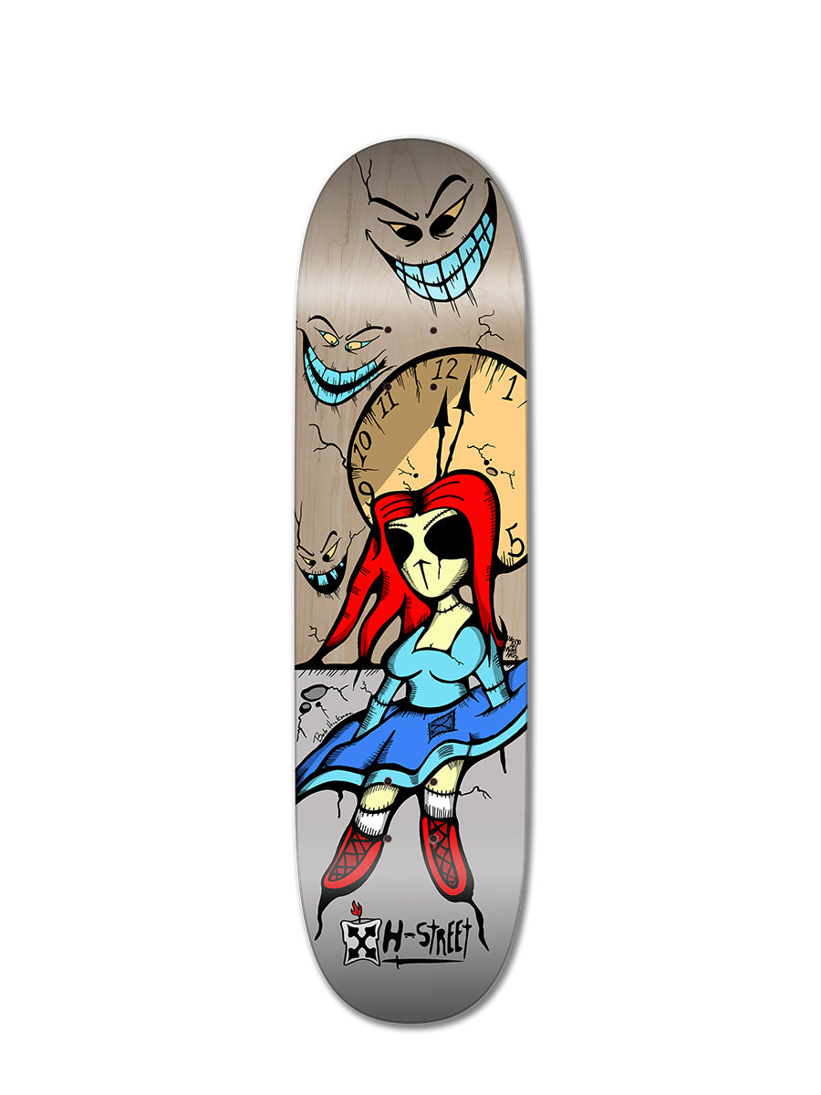 The Woodchuck NIGHTMARE ALICE STREET skateboard deck features a cartoon red-haired girl in sunglasses, blue dress, and red boots before a cracked clock, with grinning Nightmare Alice faces above and the H-Street logo at the bottom.