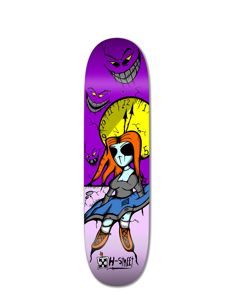 The Woodchuck NIGHTMARE ALICE STREET skateboard deck features Nightmare Alice—orange hair, sunglasses, boots—standing before a yellow clock with three grinning faces behind her on a purple background; H-Street logo appears below.
