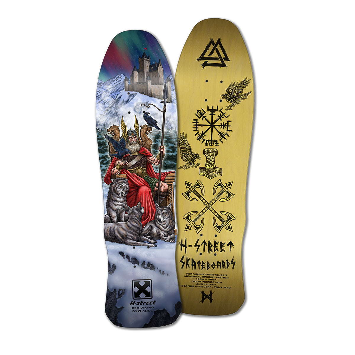 Viking themes skateboard with Viking seated on a throne surrounded by wolves on the bottom. Various Viking runes and graphics are on the top side.
