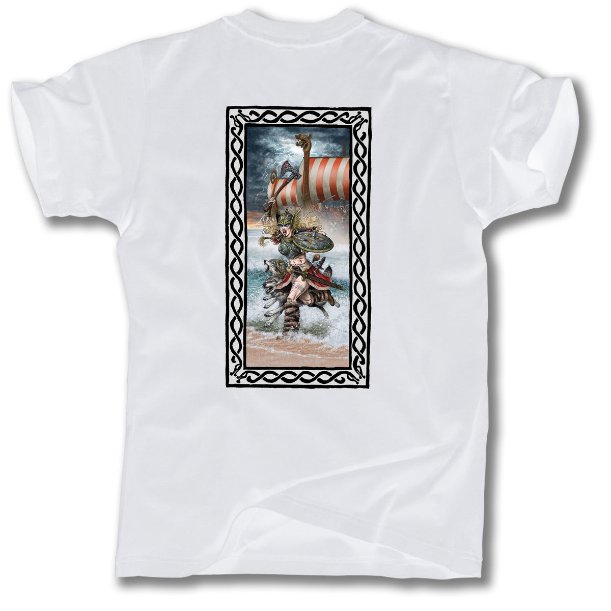 The FREJA VIKING GRAPHIC TEE by Minuteman is a super soft, USA-made cotton shirt featuring back artwork of stacked turtles in water, with the top turtle wearing a Viking helmet under a red-and-white-striped sail and bold black border.