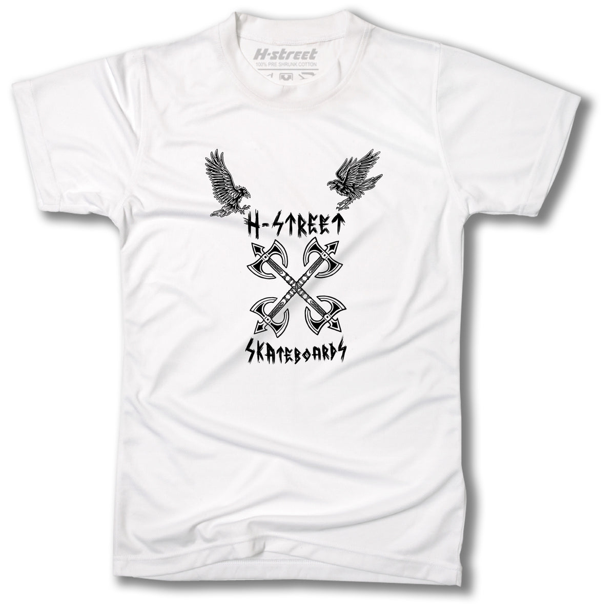The Minuteman FREJA VIKING GRAPHIC TEE features a white design with two black eagles at the shoulders and four intersecting axes, plus stylized H-Street Skateboards text above and below. Made from super soft cotton.