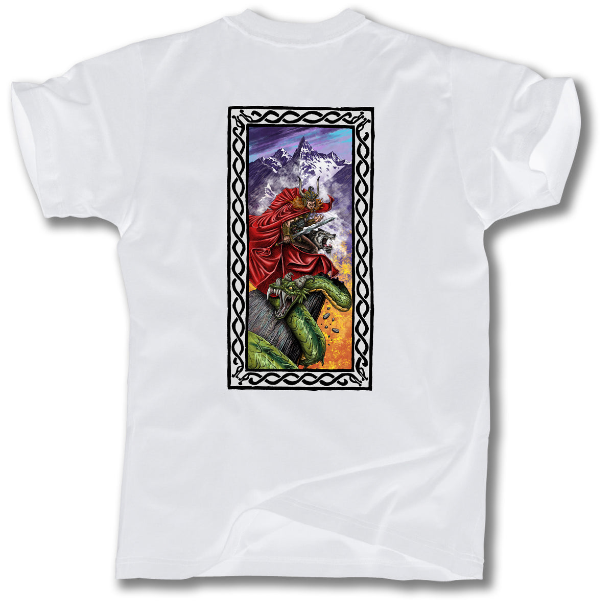 The Minuteman LOKI VIKING GRAPHIC TEE is a white shirt with a vibrant Celtic knot frame, showing a red-caped knight fighting a green dragon before snowy mountains and a purple sky. Viking-inspired, made in the USA.