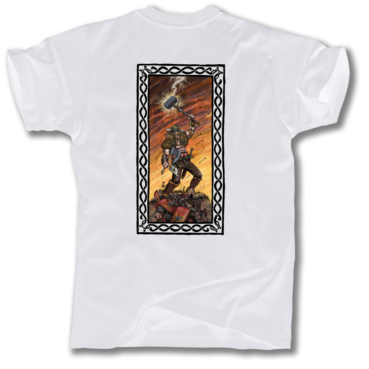 The Minuteman THOR VIKING GRAPHIC TEE features a Viking warrior with a raised hammer, dramatic sky, and lightning—ideal for Thor fans. Proudly made in the USA.