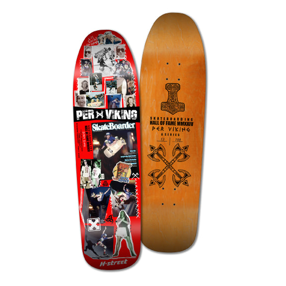 A special edition skateboard deck with a red background featuring a collage of black and white photos of a Per Viking skateboarding on the bottom. The top is an orange-brown color with 'Skateboarding Hall of Fame MMXXIV Per Viking' with graphics.