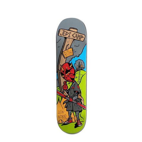 A skateboard deck featuring a puppet version of Darth Maul walking back a Jedi Camp sign that says 'No Sith' with a burning building in the background.