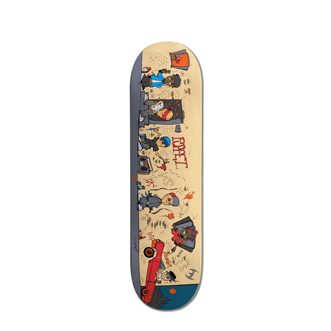 A skateboard deck featuring puppets hanging out in an alley smoking, driving a lifted car, and dancing to a boom box on a tan alleyway background.