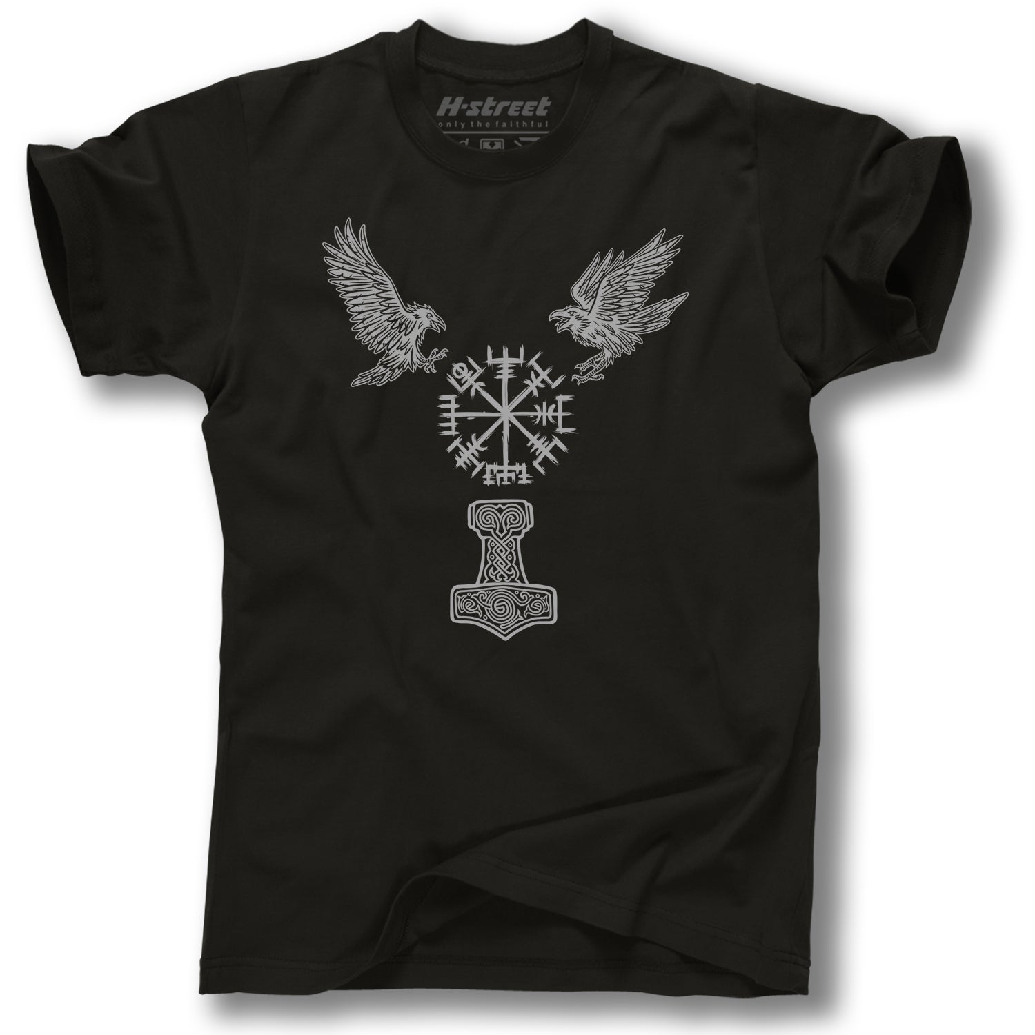The RAVENS-VEGVISIR VIKING LOGO TEE by MH Printing showcases two ravens facing a Vegvisir above Mjölnir, set in Norse patterns. Crafted from soft, preshrunk cotton for comfort and everyday wear.