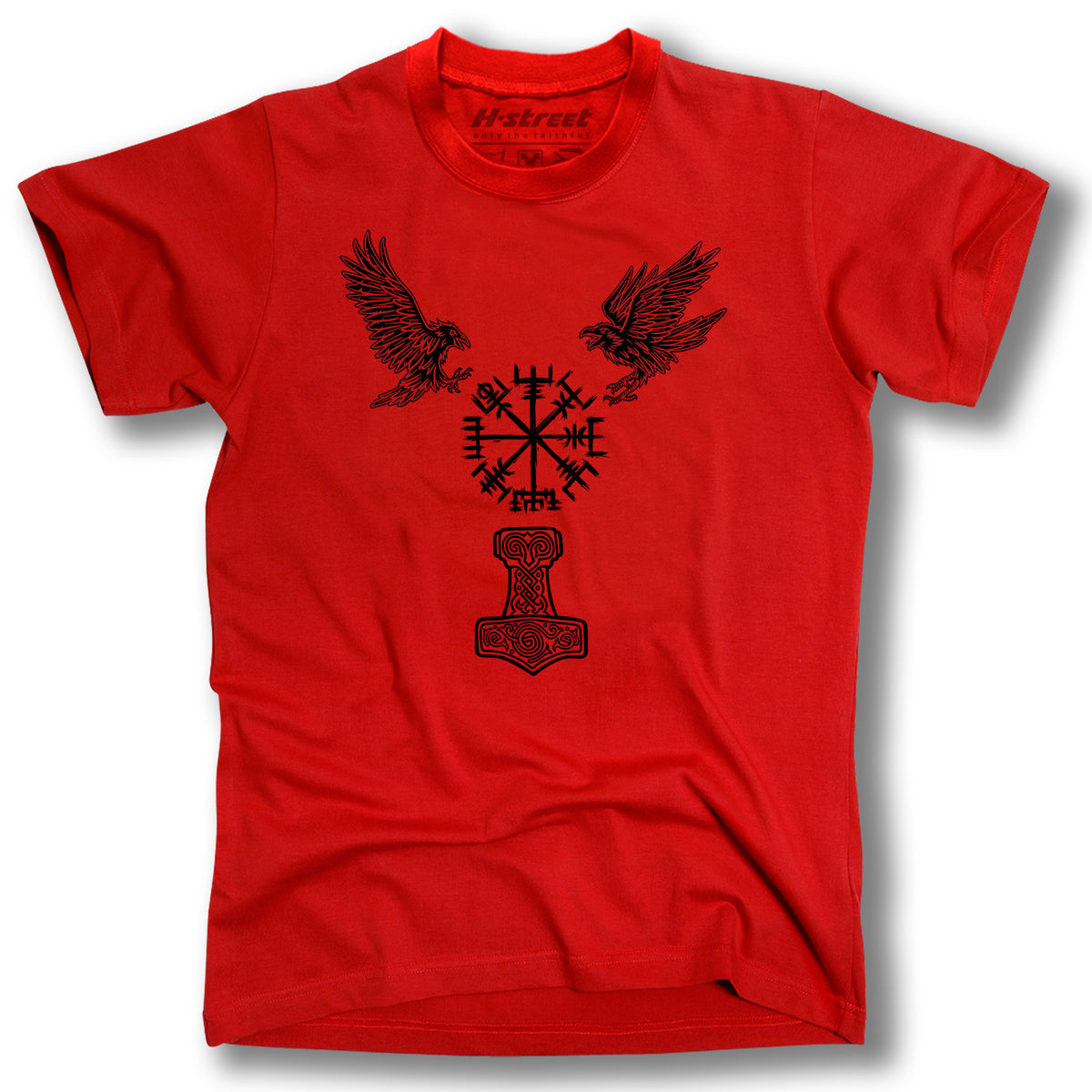 The RAVENS-VEGVISIR VIKING LOGO TEE by MH Printing is a red preshrunk cotton shirt featuring black stylized birds facing a central Norse symbol with Thor’s hammer (Mjölnir) below. The brand logo appears faintly at the collar.