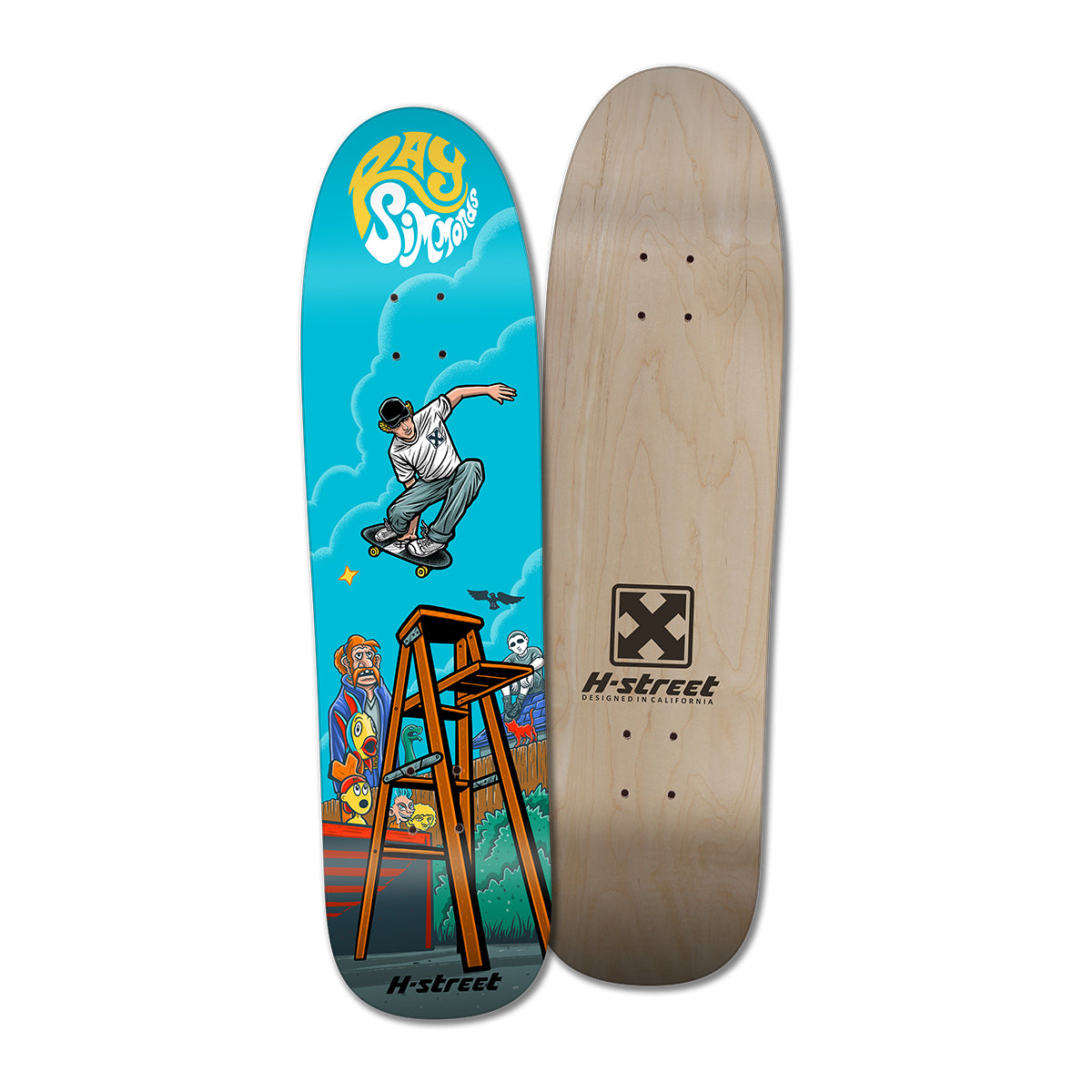 Skateboard with skater jumping over ladder with logo on white