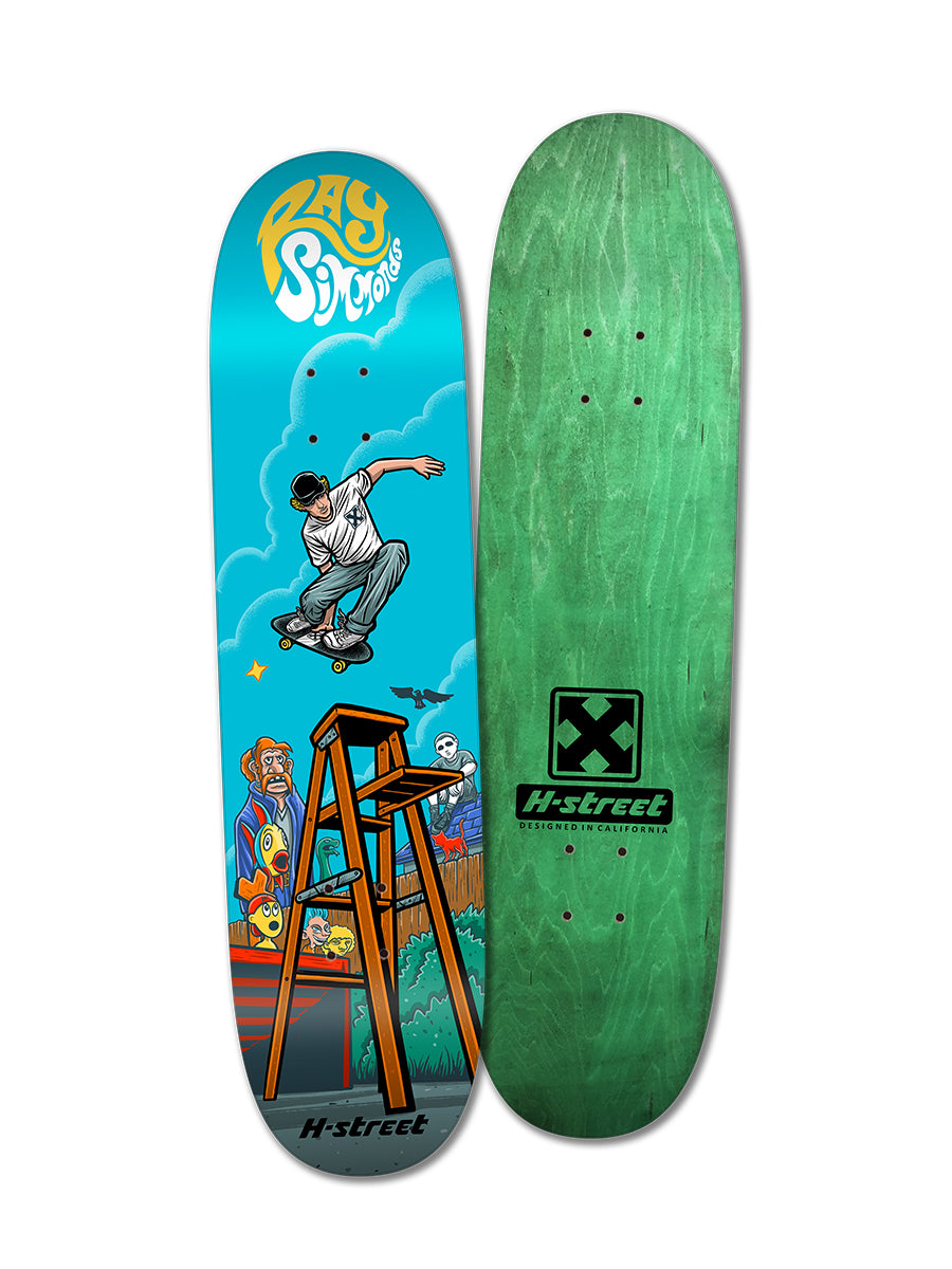 The Woodchuck RAY SIMMONDS LADDER STALEFISH deck features vibrant street art of a skater doing a trick off a ladder with cartoon figures and clouds; another option is plain green with the H-Street logo and Ray Simmonds text.