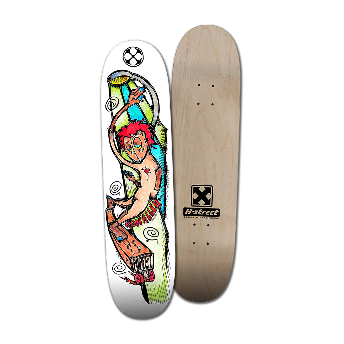 A skateboard deck with a graphic illustration on the top, featuring a stylized character skateboarding on a piece of wood with nails on the bottom, and a plain wood finish with the H-Street logo on the top.