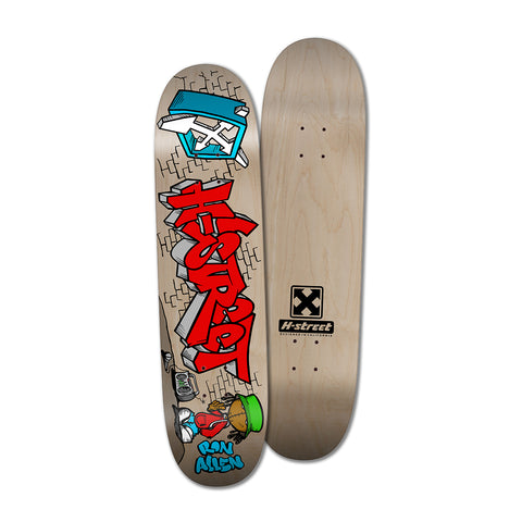 Skateboard deck with 'H-Street' written in graffiti on the bottom with a character and the words 'Ron Allen' on a wood grain. On the top side there's the H-Street logo on the wood grain.