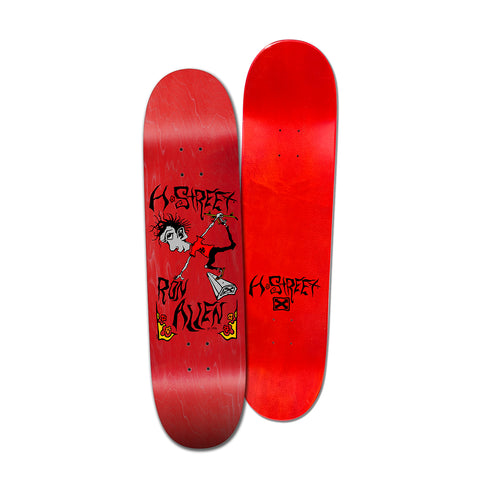 A skateboard deck with a stylized skateboarder and whirling text 'H-Street Ron Allen' on a red bottom and a bright red top with a swirling H-Street logo.